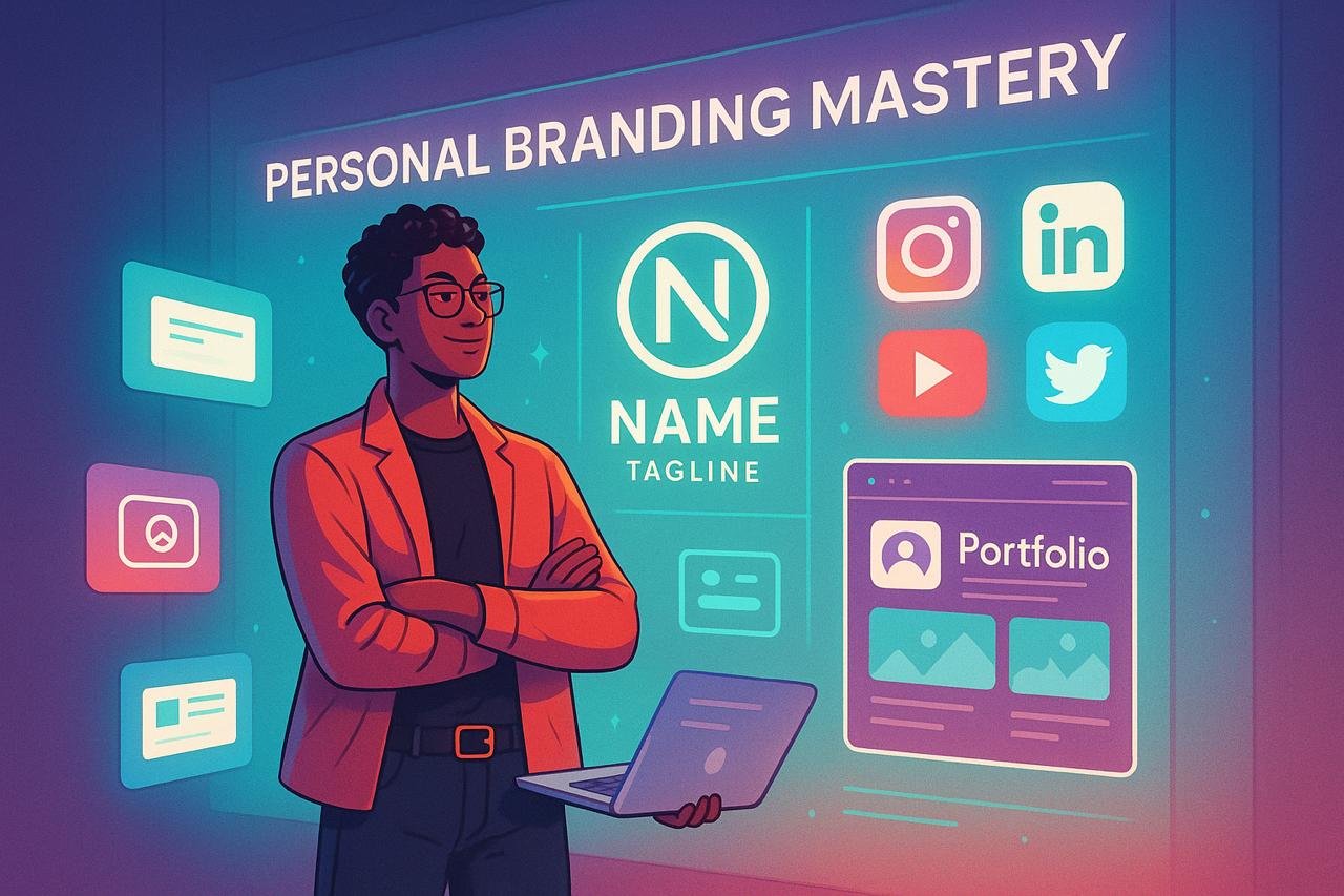 Creative professional building personal brand: portfolio showcase, social media strategy, and career development guide 2025