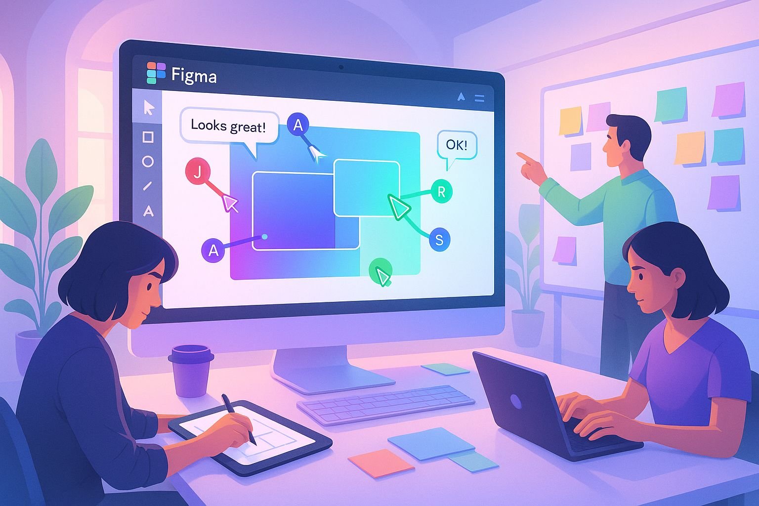 Team of designers collaborating in real-time using Figma on multiple devices and screens