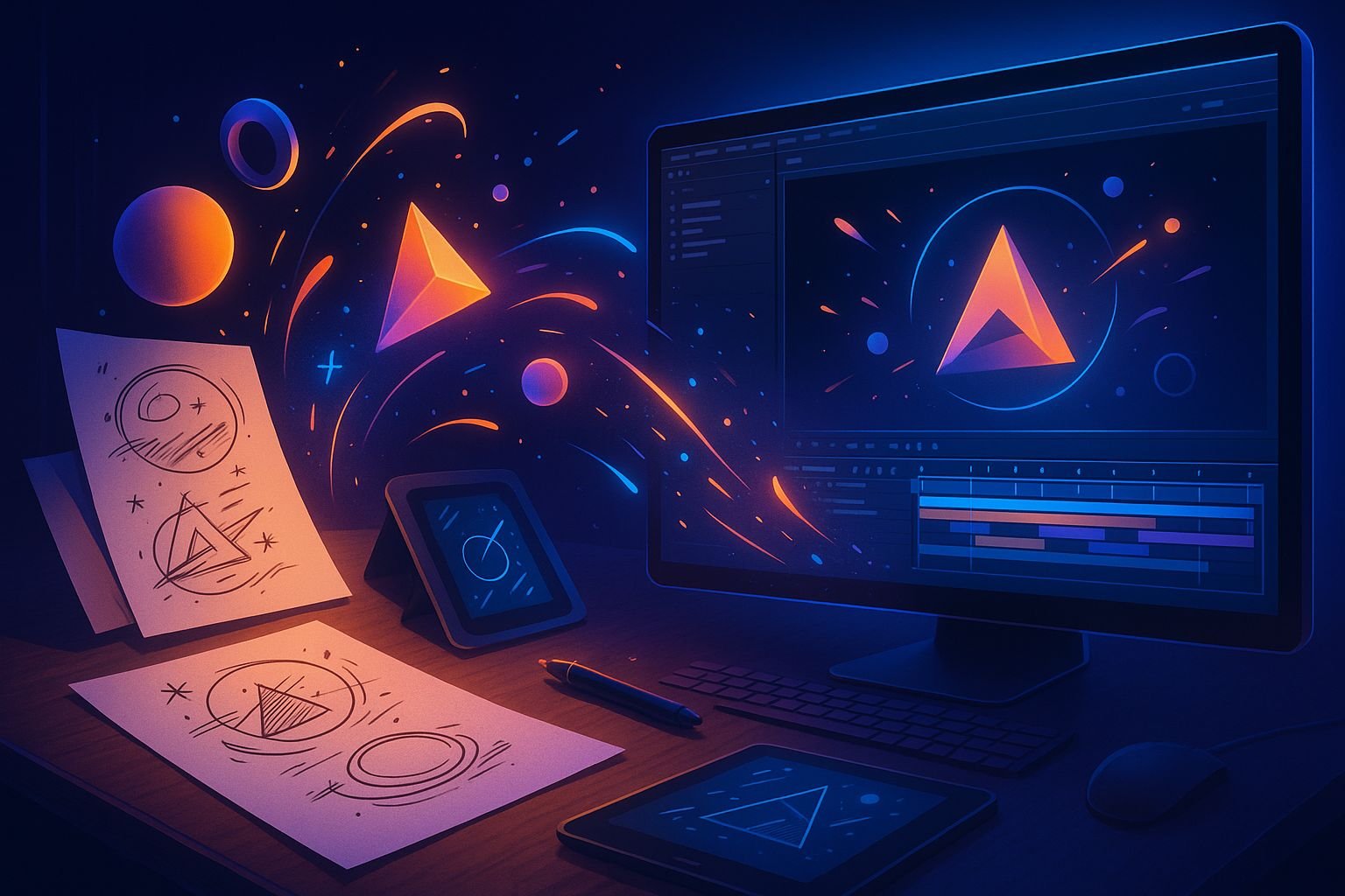 Motion graphics creation process 2025: artist working on animation project with storyboard sketches, After Effects timeline, and multiple digital screens showing motion design workflow from ideation to final render