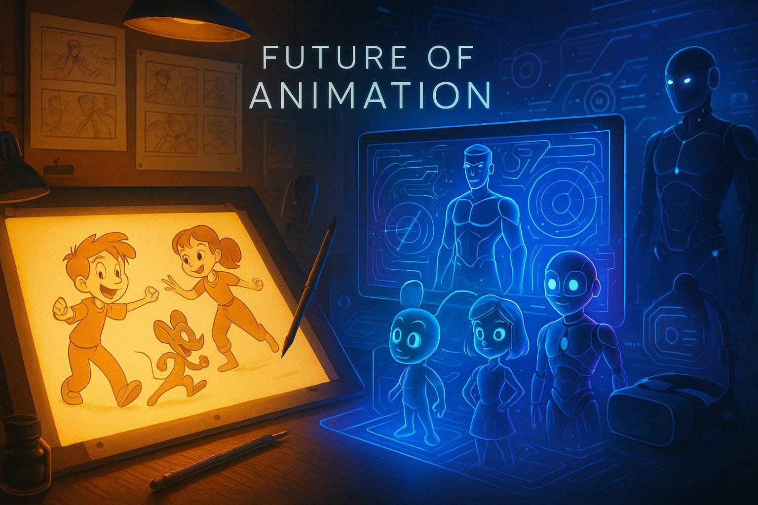 Future of animation 2025: AI-powered animation studio showcasing advanced technology, holographic characters, and digital art creation transforming 2D and 3D animation industry
