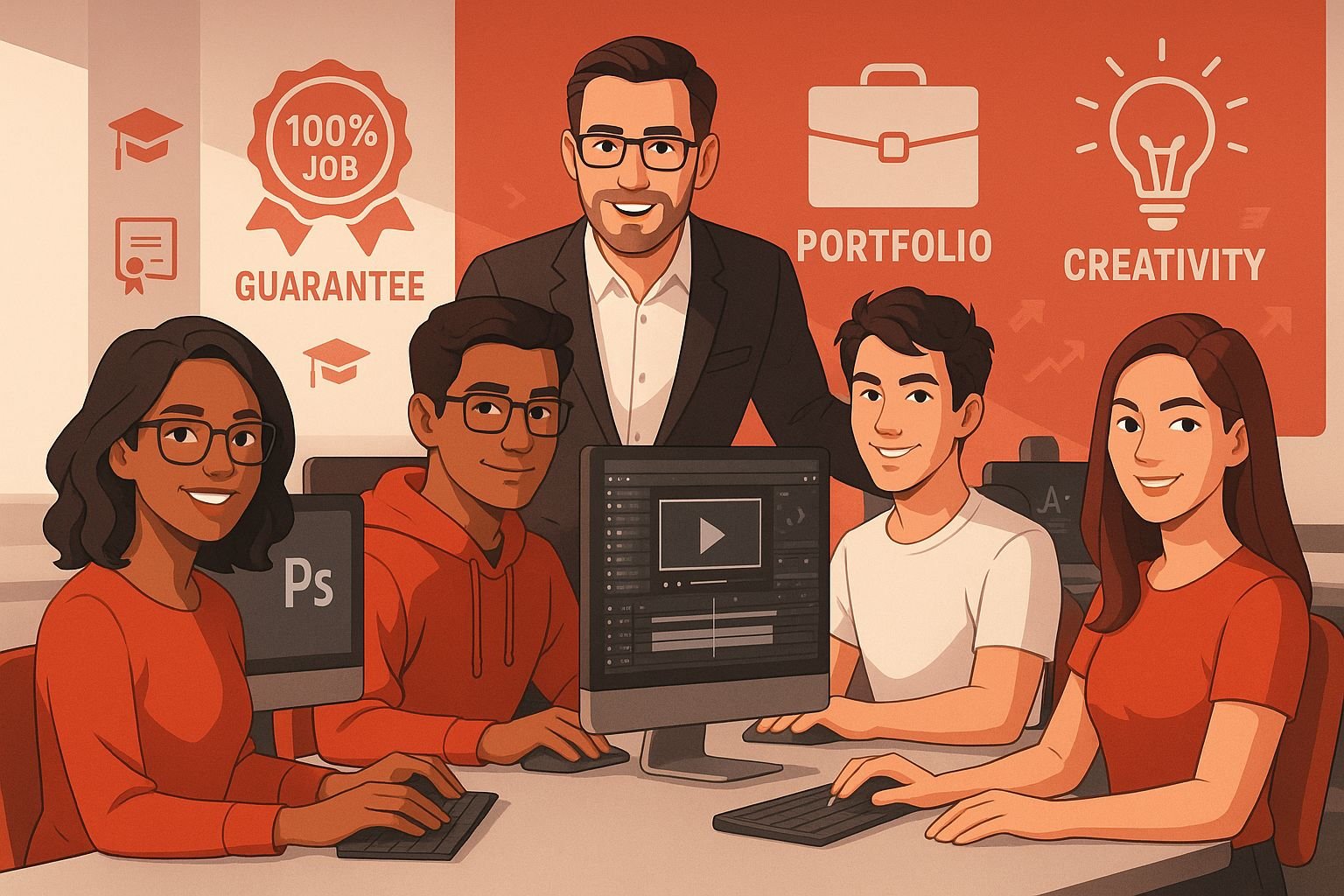 RedSketch Academy 100% job guarantee program: students celebrating successful placement in creative careers and design jobs