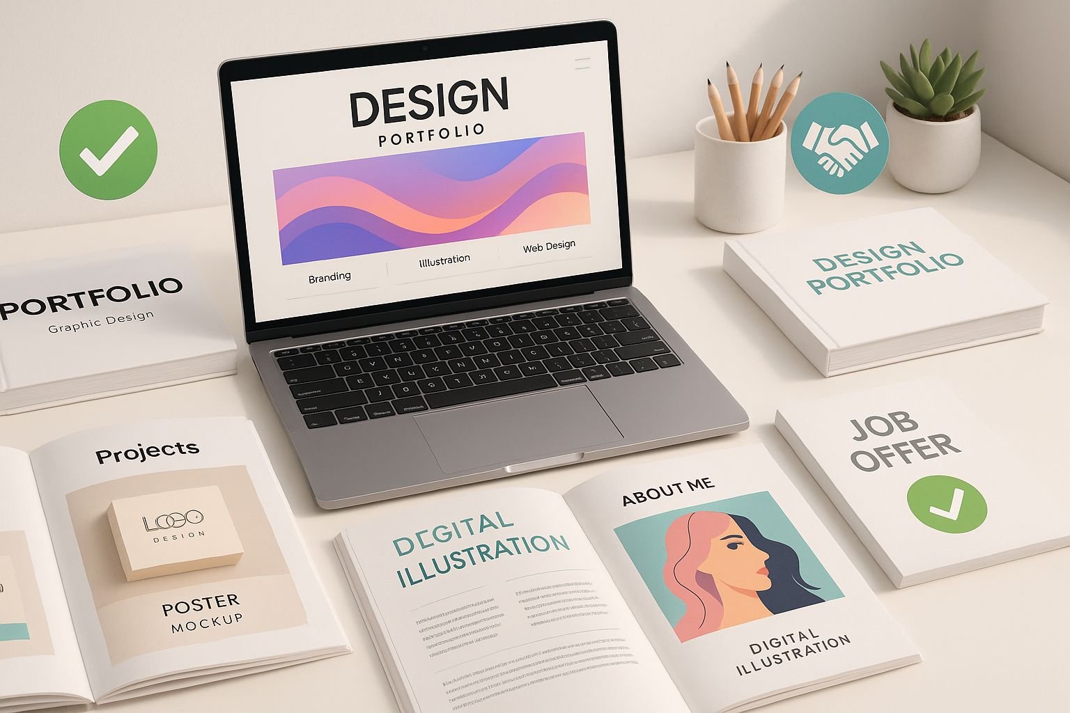 Top design portfolios 2025 that got hired: creative professionals reviewing winning portfolio examples on multiple devices, showcasing modern portfolio presentation, design process documentation, and successful job landing strategies for graphic designers