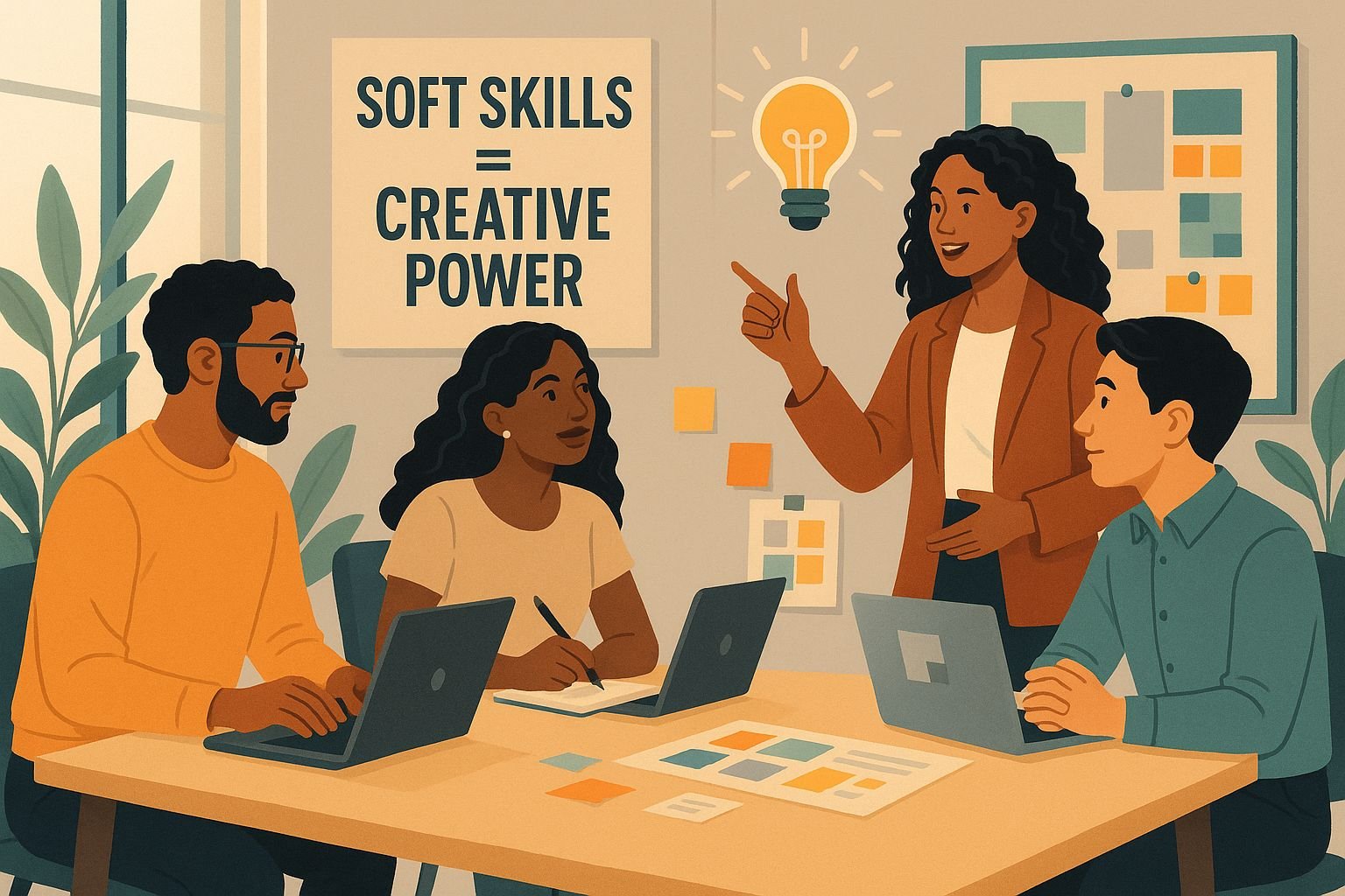 Soft skills for creative careers 2025: diverse creative professionals collaborating in modern workspace, demonstrating communication, teamwork, leadership, and problem-solving skills essential for design career success